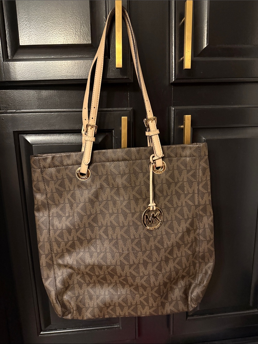 Michael Kors Brown Signature jet set MK Tote with Tan Leather Straps